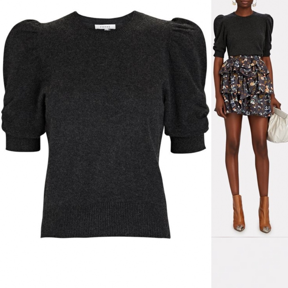 Frame Frankie Puff Sleeve Cashmere Sweater Black Noir
